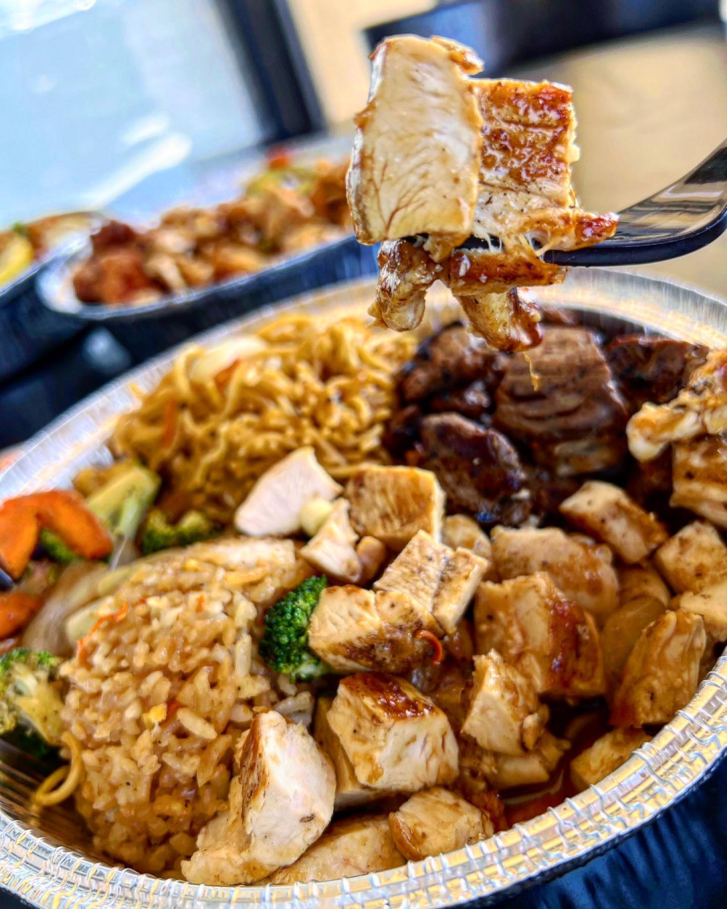 plate of beed, chicken, and noodles at Volcano Grille