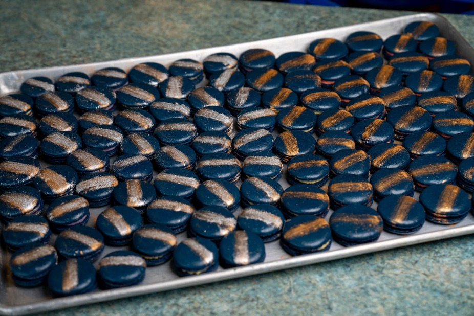 Tray of dark macarons