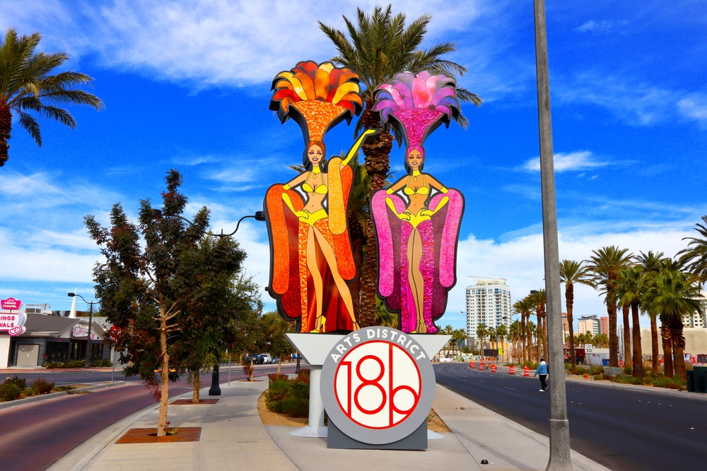 las vegas arts district sign and two showgirl statue