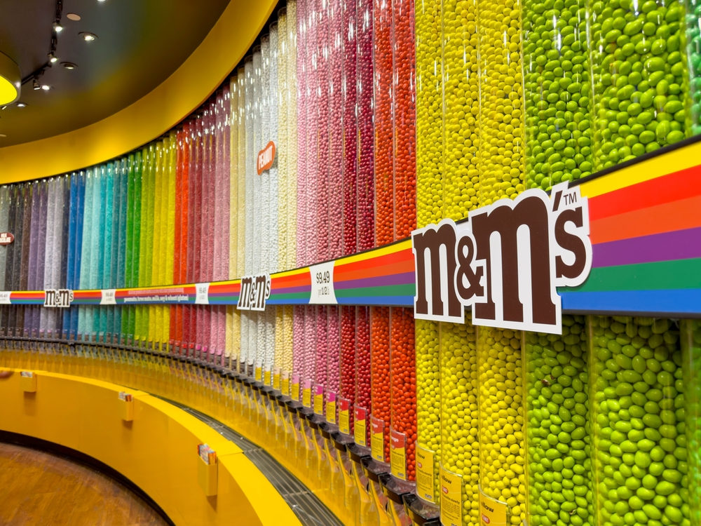 rows of dispensers filled with colorful M&Ms