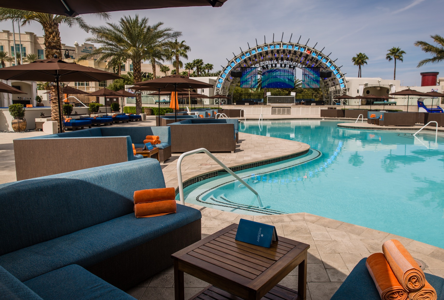 Cabana view of Daylight Beach Club pool complex at Mandalay Bay in Las Vegas
